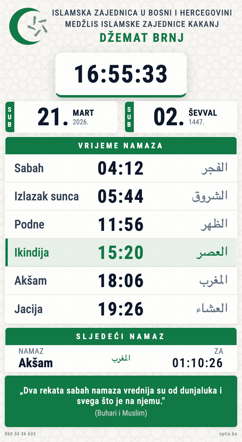 Digitalna vaktija za džemat - prikaz namaskih vremena